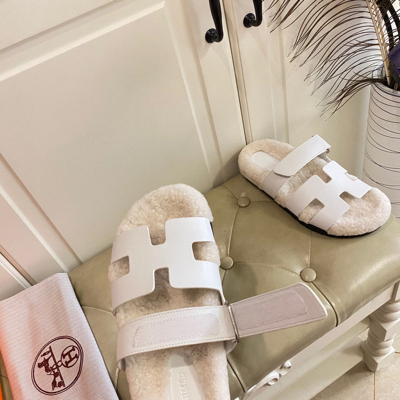 Hermès Grey Slide Sandals - Close-Up Texture View
