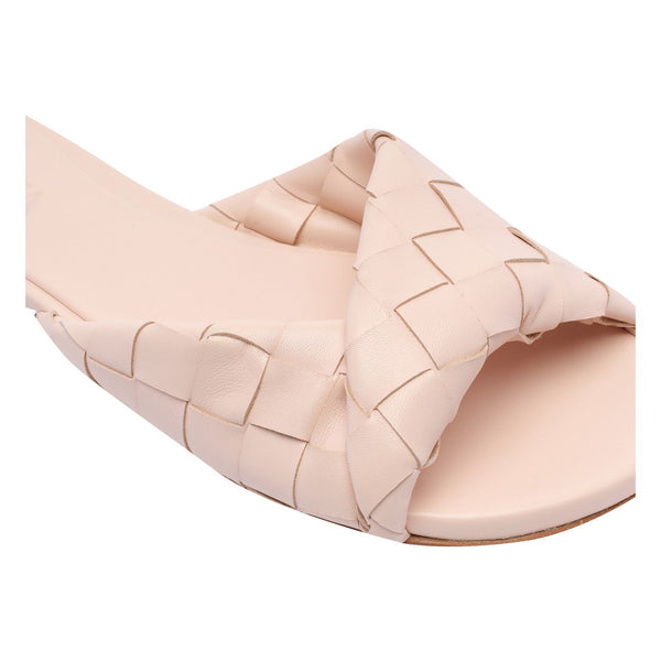 Close-up of Bottega Veneta sandals hardware and fine stitching