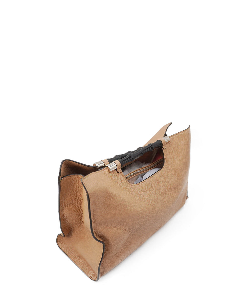 Close-up of Bamboo bags hardware and fine stitching