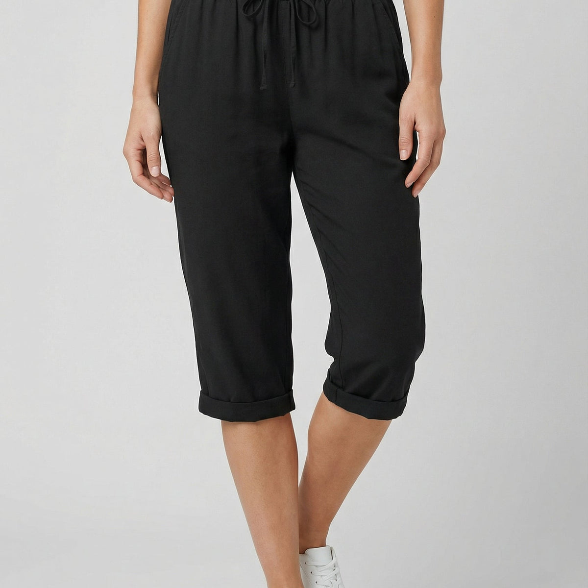 Orange Linen Blend Elasticated Waist Cropped Wide Leg Capri Trousers Worn View