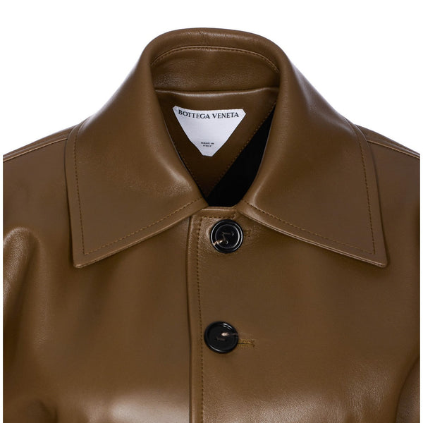 Close-up of Bottega Veneta coats hardware and fine stitching