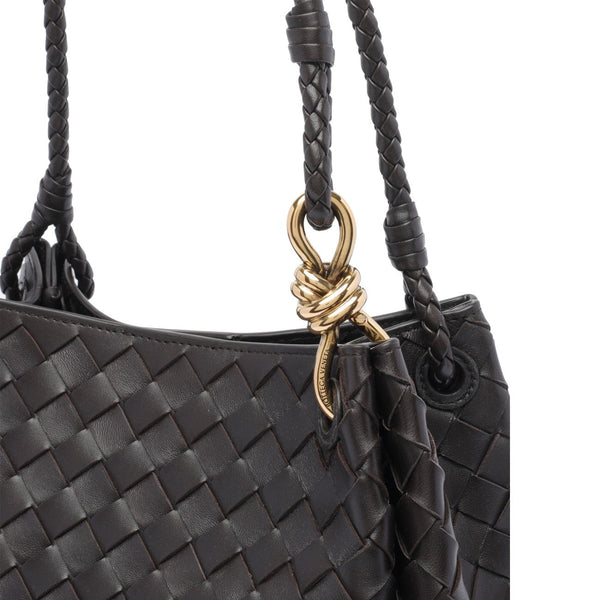 Close-up of Bottega Veneta shoulder bags hardware and fine stitching