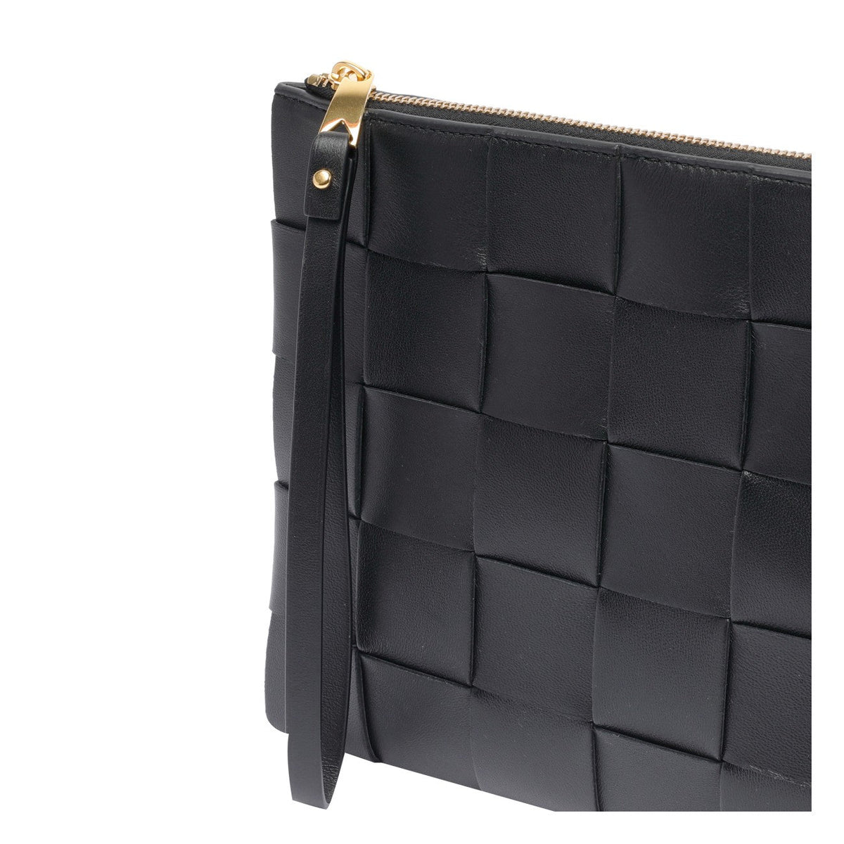 Close-up of Bottega Veneta clutches hardware and fine stitching