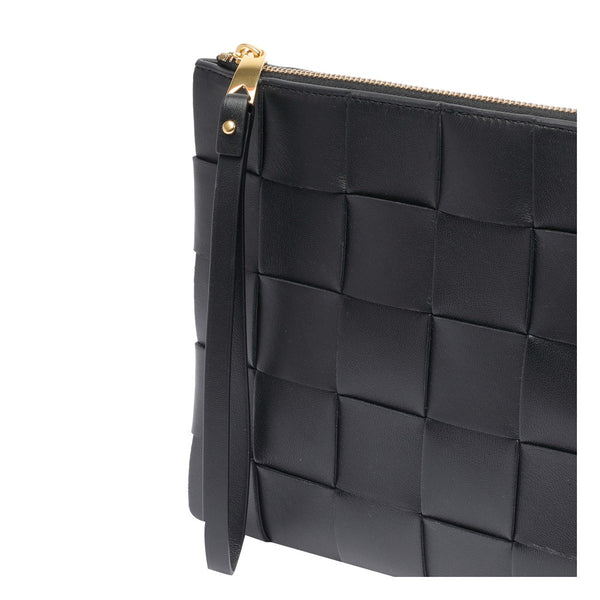 Close-up of Bottega Veneta clutches hardware and fine stitching